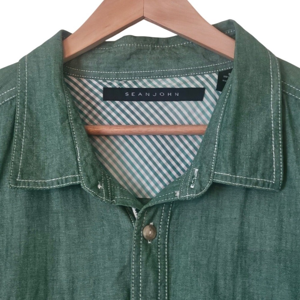 Sean John Green Chambray Cotton Button Down Shirt Mens 3XL Short Sleeve Big Tall